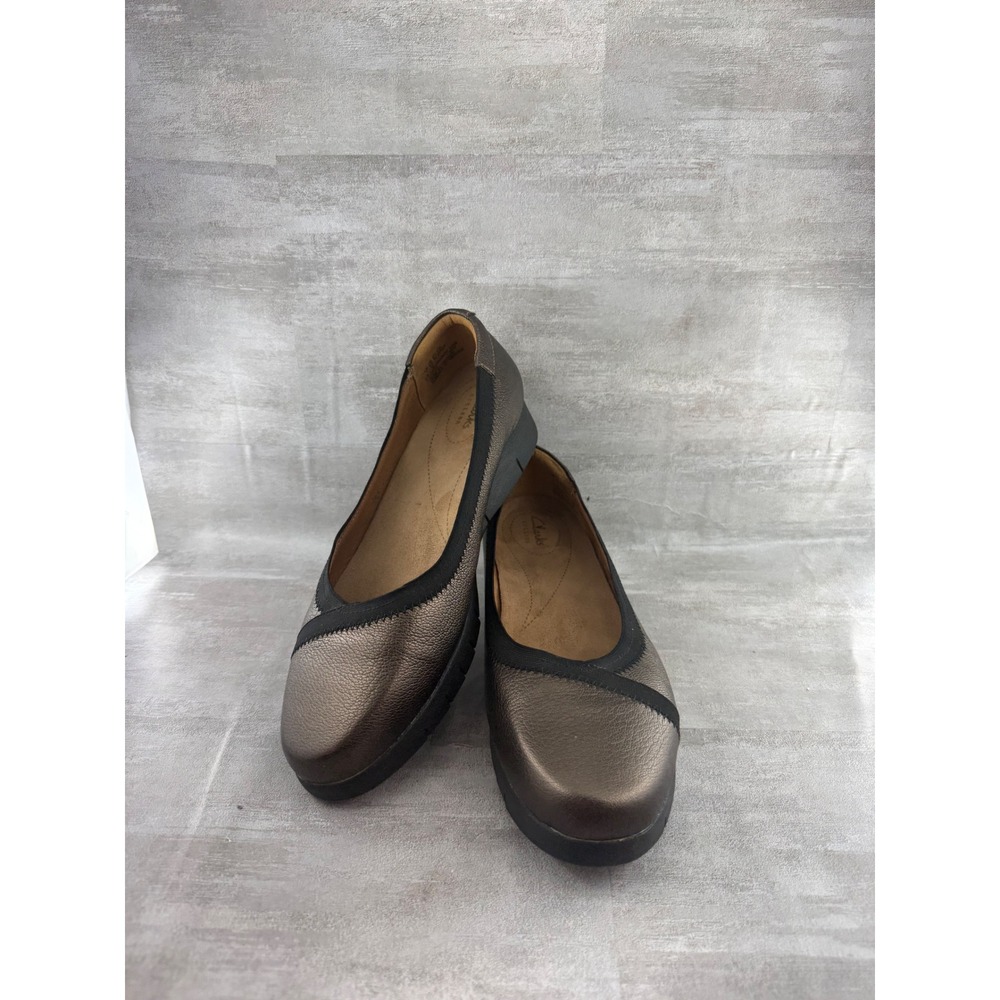 Clarks Artisan Women Sz 9.5W Bronze Metallic Leather Slip On Comfort Flats Shoes